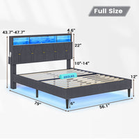 Sikaic LED Bed Frame with Outlets and USB Ports Shelf Storage Headboard Hidden Storage Grey