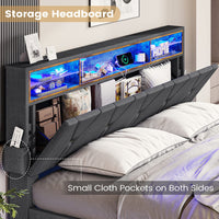 Sikaic LED Bed Frame with Outlets and USB Ports Shelf Storage Headboard Hidden Storage Grey