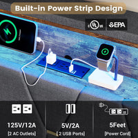 Sikaic LED Bed Frame with Outlets and USB Ports Shelf Storage Headboard Hidden Storage Grey