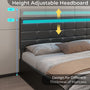 Sikaic LED Bed Frame with Storage Drawers Leather Platform Adjustable Headboard Storage Drawers and Charging Station Black
