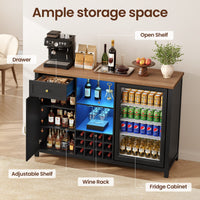 Sikaic Liquor Cabinet 57" Large Coffee Bar Cabinet with Fridge Space Black Black / Engineered Wood / Farmhouse