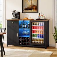 Sikaic Liquor Cabinet 57" Large Coffee Bar Cabinet with Fridge Space Black Black / Engineered Wood / Farmhouse