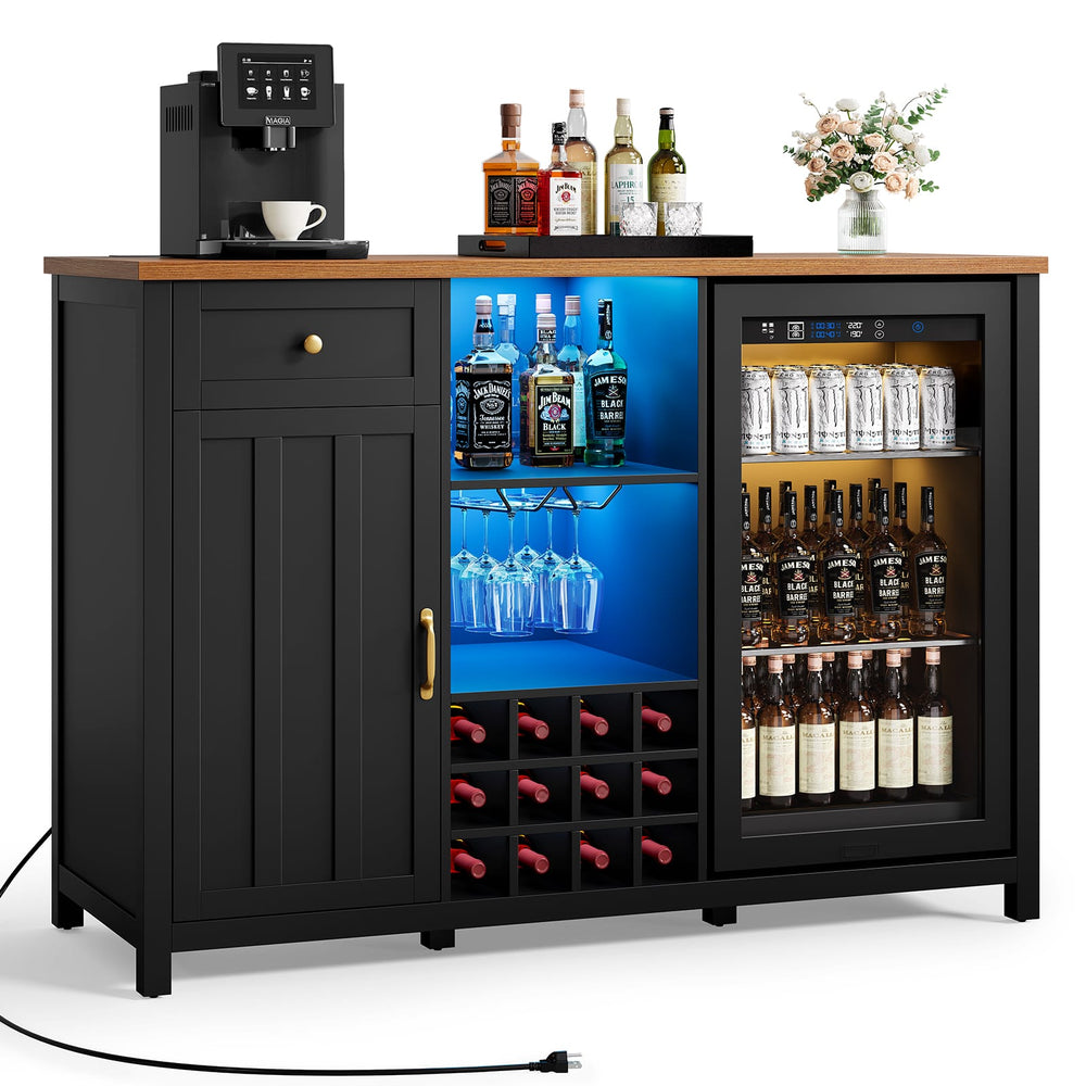 Sikaic Liquor Cabinet 57" Large Coffee Bar Cabinet with Fridge Space Black Black / Engineered Wood / Farmhouse