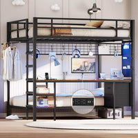 Sikaic Loft Bed Frame Full Size Over Twin Bunk Loft Bed Frame with Desk and Charging Station Black Black / Engineered Wood / Modern