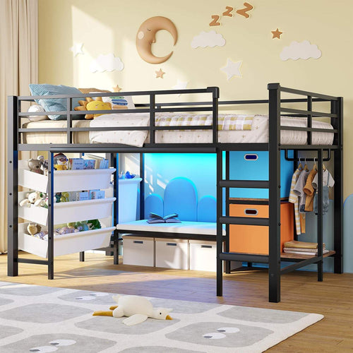 Sikaic Loft Bed Frame Low Loft Bed Twin Size with Reading Corner and Storage Basket Black Black / Metal / Modern