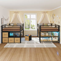 Sikaic Loft Bed Frame Twin Size Low Loft Bed with 6 Storage Drawers and LED Lights Black & Natural Black Natural / Metal / Modern