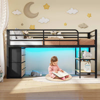 Sikaic Loft Bed Frame Twin Size Low Loft Bed with 6 Storage Drawers and LED Lights Black & Natural Black Natural / Metal / Modern