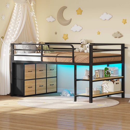 Sikaic Loft Bed Frame Twin Size Low Loft Bed with 6 Storage Drawers and LED Lights Black & Natural Black Natural / Metal / Modern