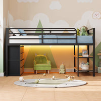 Sikaic Loft Bed Frame Twin Size Low Loft Bed with 6 Storage Drawers and LED Lights Black & Natural Black Natural / Metal / Modern