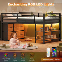 Sikaic Loft Bed Frame Twin Size Low Loft Bed with 6 Storage Drawers and LED Lights Black & Natural Black Natural / Metal / Modern