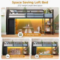 Sikaic Loft Bed Frame Twin Size Low Loft Bed with 6 Storage Drawers and LED Lights Black & Natural Black Natural / Metal / Modern