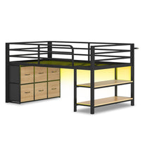 Sikaic Loft Bed Frame Twin Size Low Loft Bed with 6 Storage Drawers and LED Lights Black & Natural Black Natural / Metal / Modern