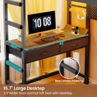 Sikaic Loft Bed Frame LED Loft Bed Frame Twin Size with Desk and Storage Hamper Brown Brown / Metal / Industrial