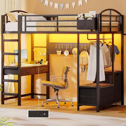 Sikaic Loft Bed Frame LED Loft Bed Frame Twin Size with Desk and Storage Hamper Brown Brown / Metal / Industrial