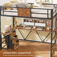 Sikaic Loft Bed Frame Stairway Twin Size Loft Bed with L Shaped Desk and Wardrobe Rustic Brown Brown / Metal / Modern