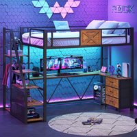 Sikaic Loft Bed Frame Stairway Twin Size Loft Bed with L Shaped Desk and Wardrobe Rustic Brown Brown / Metal / Modern
