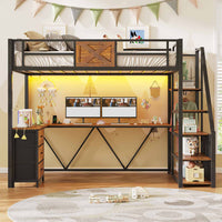 Sikaic Loft Bed Frame Stairway Twin Size Loft Bed with L Shaped Desk and Wardrobe Rustic Brown Brown / Metal / Modern