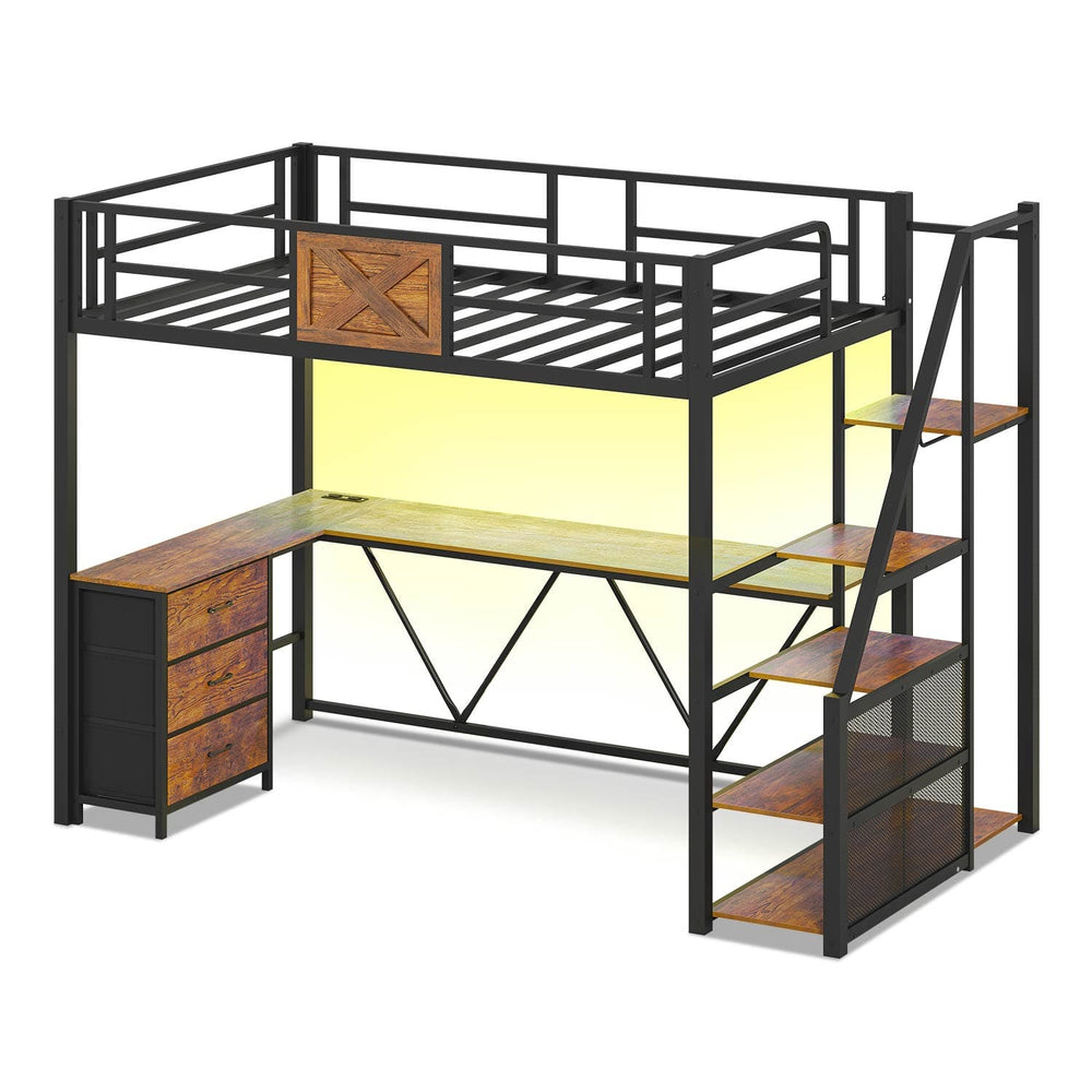 Sikaic Loft Bed Frame Stairway Twin Size Loft Bed with L Shaped Desk and Wardrobe Rustic Brown Brown / Metal / Modern