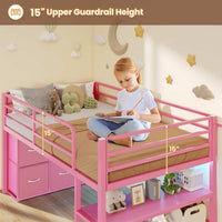 Sikaic Loft Bed Frame Twin Size Low Loft Bed with 6 Storage Drawers and LED Lights Pink Pink / Engineered Wood / Modern