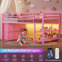 Sikaic Loft Bed Frame Twin Size Low Loft Bed with 6 Storage Drawers and LED Lights Pink Pink / Engineered Wood / Modern