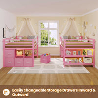 Sikaic Loft Bed Frame Twin Size Low Loft Bed with 6 Storage Drawers and LED Lights Pink Pink / Engineered Wood / Modern