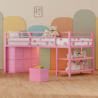 Sikaic Loft Bed Frame Twin Size Low Loft Bed with 6 Storage Drawers and LED Lights Pink Pink / Engineered Wood / Modern