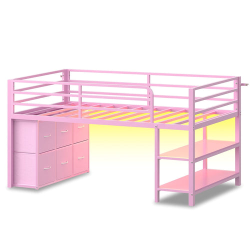 Sikaic Loft Bed Frame Twin Size Low Loft Bed with 6 Storage Drawers and LED Lights Pink Pink / Engineered Wood / Modern
