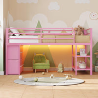 Sikaic Loft Bed Frame Twin Size Low Loft Bed with 6 Storage Drawers and LED Lights Pink Pink / Engineered Wood / Modern