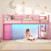 Sikaic Loft Bed Frame Twin Size Low Loft Bed with 6 Storage Drawers and LED Lights Pink Pink / Engineered Wood / Modern