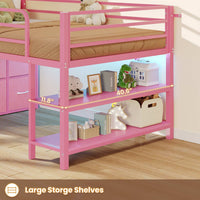 Sikaic Loft Bed Frame Twin Size Low Loft Bed with 6 Storage Drawers and LED Lights Pink Pink / Engineered Wood / Modern