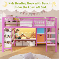 Sikaic Loft Bed Frame Low Loft Bed Twin Size with Reading Corner and Storage Basket Pink Pink / Metal / Modern