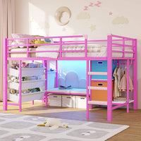 Sikaic Loft Bed Frame Low Loft Bed Twin Size with Reading Corner and Storage Basket Pink Pink / Metal / Modern