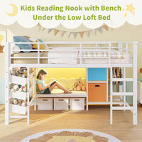 Sikaic Loft Bed Frame Low Loft Bed Twin Size with Reading Corner and Storage Basket White White / Engineered Wood / Modern