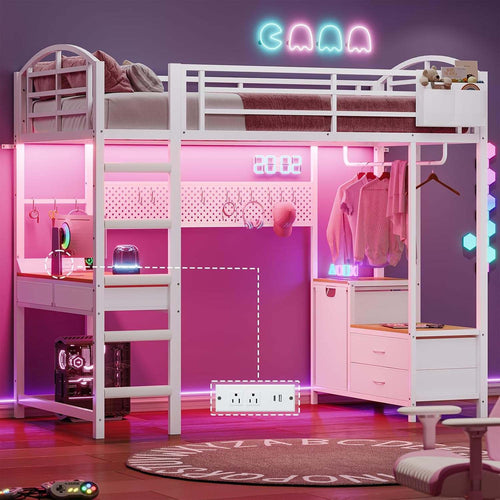 Sikaic Loft Bed Frame LED Loft Bed Frame Twin Size with Desk and Storage Hamper White White / Metal / Industrial