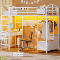 Sikaic Loft Bed Frame LED Loft Bed Frame Twin Size with Desk and Storage Hamper White White / Metal / Industrial