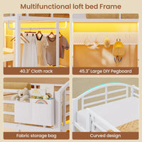 Sikaic Loft Bed Frame LED Loft Bed Frame Twin Size with Desk and Storage Hamper White White / Metal / Industrial