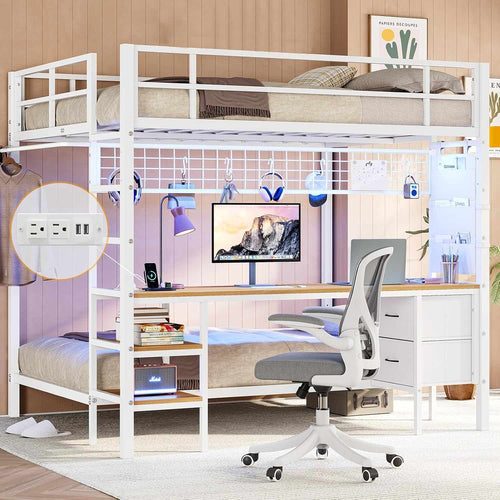 Sikaic Loft Bed Frame Full Size Over Twin Bunk Loft Bed Frame with Desk and Charging Station White White / Metal / Modern