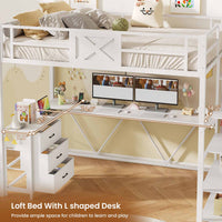 Sikaic Loft Bed Frame Stairway Twin Size Loft Bed with L Shaped Desk and Wardrobe White White / Metal / Modern