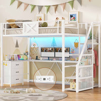 Sikaic Loft Bed Frame Stairway Twin Size Loft Bed with L Shaped Desk and Wardrobe White White / Metal / Modern