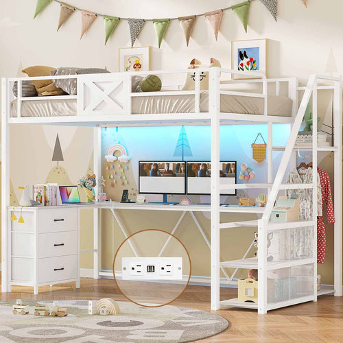 Sikaic Loft Bed Frame Stairway Twin Size Loft Bed with L Shaped Desk and Wardrobe White White / Metal / Modern