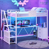 Sikaic Loft Bed Frame Stairway Twin Size Loft Bed with L Shaped Desk and Wardrobe White White / Metal / Modern