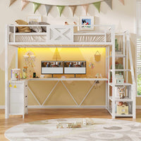Sikaic Loft Bed Frame Stairway Twin Size Loft Bed with L Shaped Desk and Wardrobe White White / Metal / Modern