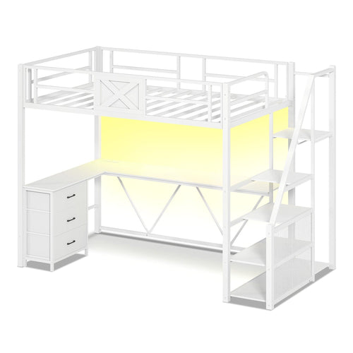 Sikaic Loft Bed Frame Stairway Twin Size Loft Bed with L Shaped Desk and Wardrobe White White / Metal / Modern