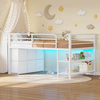 Sikaic Loft Bed Frame Twin Size Low Loft Bed with 6 Storage Drawers and LED Lights White White / Metal / Modern