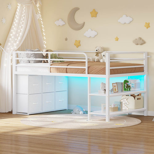 Sikaic Loft Bed Frame Twin Size Low Loft Bed with 6 Storage Drawers and LED Lights White White / Metal / Modern