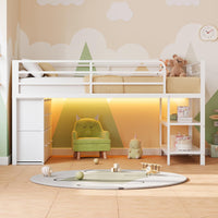 Sikaic Loft Bed Frame Twin Size Low Loft Bed with 6 Storage Drawers and LED Lights White White / Metal / Modern