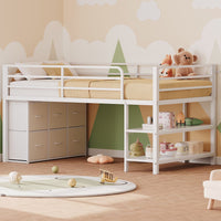 Sikaic Loft Bed Frame Twin Size Low Loft Bed with 6 Storage Drawers and LED Lights White White / Metal / Modern