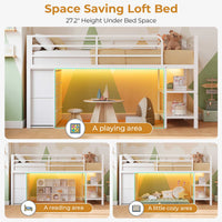 Sikaic Loft Bed Frame Twin Size Low Loft Bed with 6 Storage Drawers and LED Lights White White / Metal / Modern