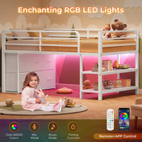 Sikaic Loft Bed Frame Twin Size Low Loft Bed with 6 Storage Drawers and LED Lights White White / Metal / Modern