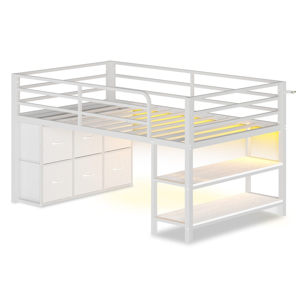 Sikaic Loft Bed Frame Twin Size Low Loft Bed with 6 Storage Drawers and LED Lights White White / Metal / Modern